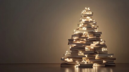 Unique holiday decoration made from stacked books with twinkling lights positioned against a plain wall