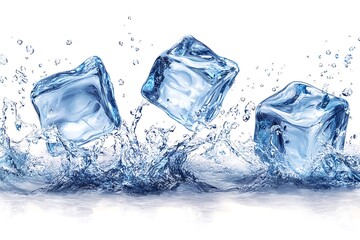 Obraz premium Three ice cubes splashing in water, creating a refreshing scene.