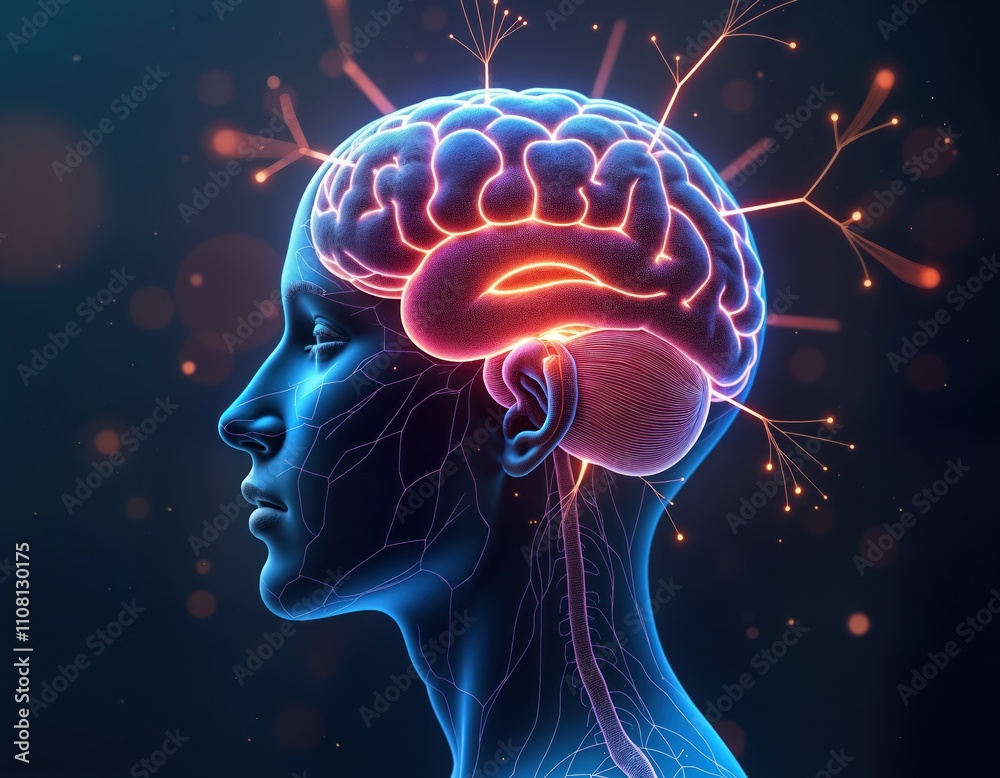 Poster Human head profile shows brain activity. Intelligent thinking process. Neural network connects brain, big data. Futuristic cyber mind concept. AI generative illustration. Sophisticated network model