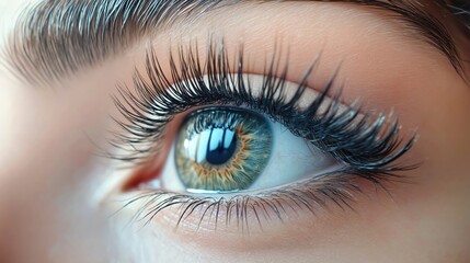 Obraz premium Close-up of woman eye with beautiful, long, dark eyelashes. Eye makeup applied. Perfect lashes extended for glamorous look. Beauty salon setting. Glamorous makeup in pro salon. Lash extensions