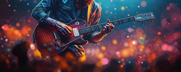 Male musician plays electric guitar on concert stage. Live music performance. Energetic atmosphere. Blurred background suggests crowd. Colorful stage lighting. Visual illustration style.