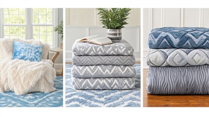 Cozy blankets and throws in a bright, inviting living space, AI