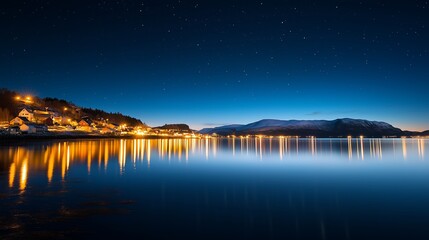 Tranquil evening reflection of a coastal town under a starry sky at dusk