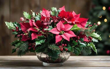 Fototapeta premium Bright red poinsettia arrangement in a clear vase on a wooden table with festive decorations