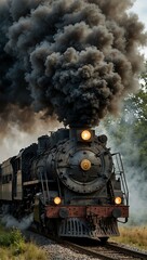 Naklejka premium Powerful locomotive emerging from dense smoke, showcasing travel.