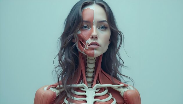 Detailed anatomical maps of the female head and upper body, showing potential muscle tissue and skeletal structures