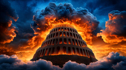 Obraz premium A dramatic depiction of a colossal structure surrounded by fiery clouds, evoking a sense of power and awe.