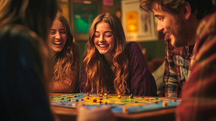 Fototapeta premium Friends Playing Board Game Cozy Night Laughter Fun Home Entertainment