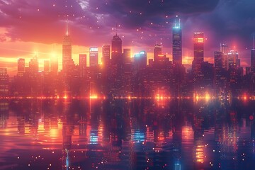 Obraz premium Vibrant city skyline at sunset reflected in water.