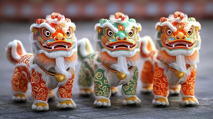 Fototapeta premium Colorful Chinese Lion Dance Costumes Festive Tradition Asian Culture