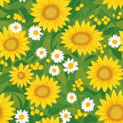 Fototapeta premium Bright sunflowers and daisies create a vibrant floral pattern on a lush green background in a cheerful design