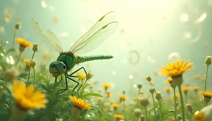 Displaying various green and yellow creatures resembling dragonflies, flowers, and other organic elements, the background is filled with rotating patterns and shapes