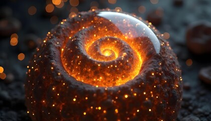 Close up of a sphere with spiral design, smooth 3D illustration, white biomechanical details, spiral with glowing numerical lines