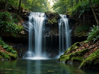 Obraz premium Pure fresh water waterfall in a forested mountain.