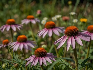 Purple coneflowers with orange centers in a wild meadow.