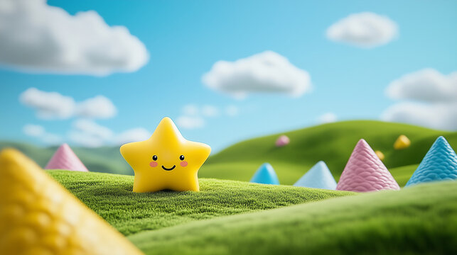 A cute yellow star character joyfully nestled among colorful cones and rolling hills, with soft, dreamy clouds floating in the bright landscape