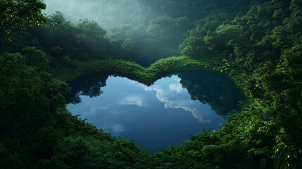 A serene natural landscape with a heart-shaped lake at its center, surrounded by lush, dewy foliage and illuminated by the soft glow of dawn