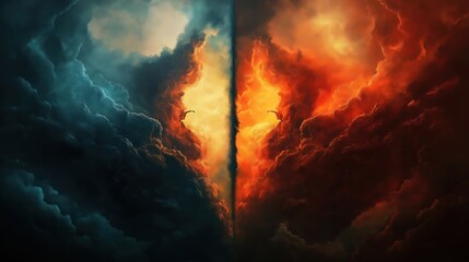 Dramatic illustration contrasts hell, heaven with dark clouds representing hell, bright clouds representing heaven. Two tiny figures appear to floating in space between contrasting skies. Image