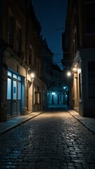 Obraz premium Quiet street at night with soft blue light.