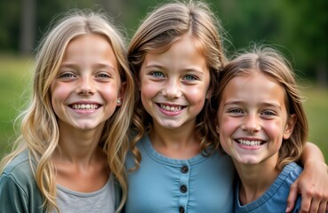 Fototapeta premium Three young girls smile happily outdoors. Embracing. Casual attire, joyful expressions showcase summer friendship. Look happy, healthy. Girls look into camera with genuine smile in park setting.
