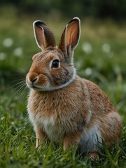 Rabbit sitting on grass.