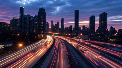 The energy of urban travel captured with motion blur on a twilight highway, glowing car lights weaving dynamic patterns beneath a fading sunset