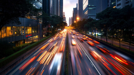 Fototapeta premium A lively highway during twilight, with blurred streaks of light from cars moving rapidly under the soft, fading glow of the evening sky