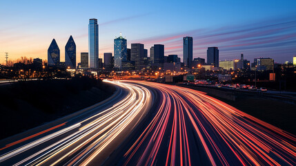 Fototapeta premium A bustling highway scene at twilight, with blurred cars forming bright, dynamic light trails, framed by the faint outlines of urban buildings in the distance