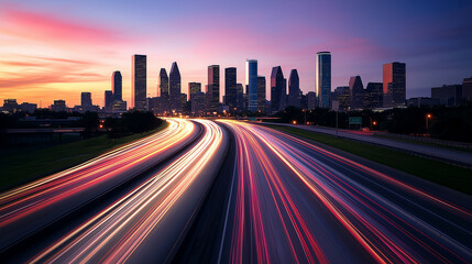 Obraz premium Cars speeding along a twilight highway, their motion blurred to form colorful streaks of light, with the distant city skyline bathed in duskâs soft glow