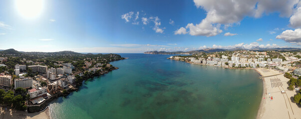 Stunning panoramic view of the bay of the beach of Santa Ponsa, on the island of Majorca. Concept of relaxation, summer, beach, holiday and vacation 