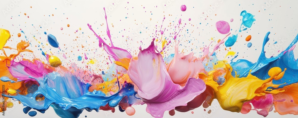 Poster Multicolored paint splashes explode against white background. Vivid hues of paint create dynamic forms. Abstract art captures energy, creativity. Colorful paint dynamic. Abstract pattern with bright