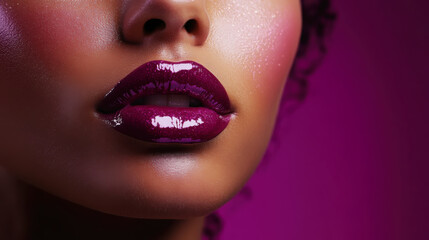 Obraz premium Bold glossy lips close-up with light makeup - beauty and fashion photography