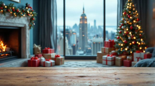 Wood table copy space with blurred background of penthouse apartment, large window view high over the city skyline buildings, cozy warm indoor fireplace with decorated Christmas tree and presents