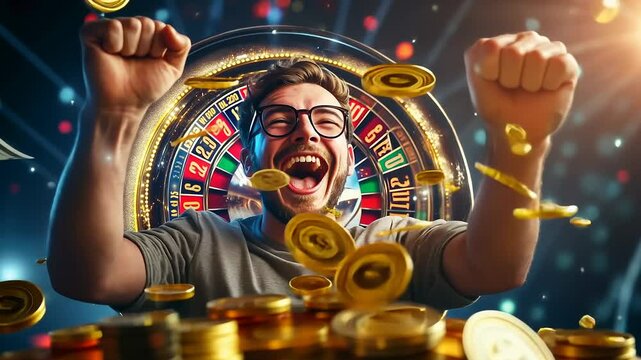 A person celebrates a big win at an online casino, smiling broadly with arms raised in excitement. Gold coins and dollar bills cascade around them, creating a vibrant and thrilling atmosphere.