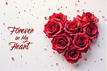Heart-shaped red rose arrangement on white background with romantic message