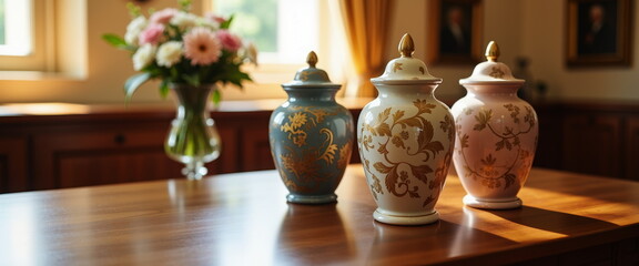 Elegant Ceramic Urns on Wooden Table with Floral Bouquet - Memorial Decor
