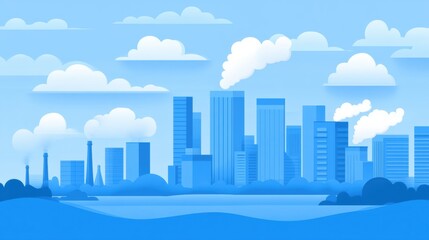 Obraz premium City skyline with blue hues and fluffy clouds creates a serene urban landscape, AI