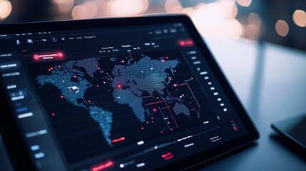 A sleek cargo container tracking app interface displayed on a tablet, showing a global map with real-time GPS tracking, RFID scans, and blockchain-secured updates for logistics dat