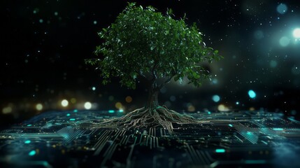 A tree growing from a printed circuit board as a symbol of the union of nature and technology 11