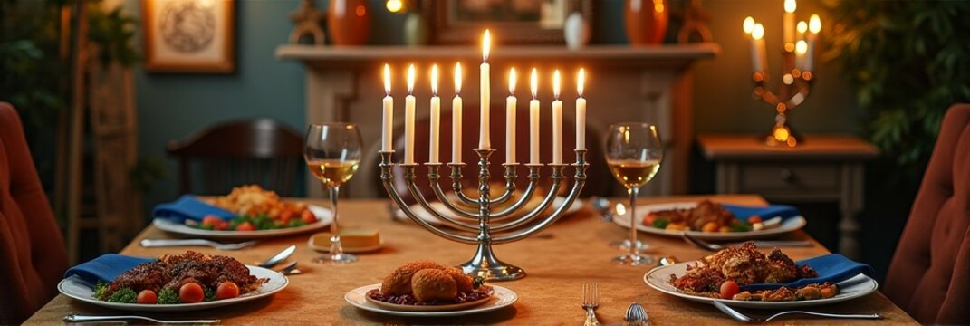 Elegant dinner table with candlelit menorah for festive celebration