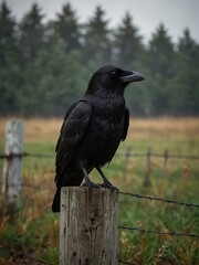 Fototapeta premium Raven perched on a spooky fencepost.