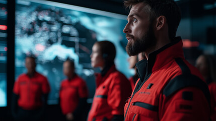 A group of focused rescue workers standing in front of a video wall showing live crisis updates, preparing for a rapid response in a high-pressure environment