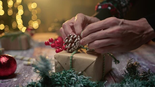 hand makes bow on Christmas present