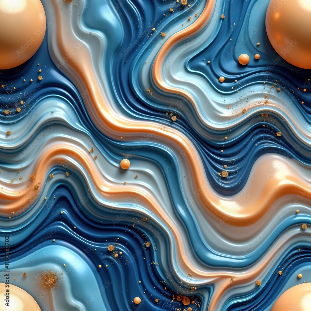Aufkleber Abstract seamless pattern shows wavy liquid texture in cool blue, peach colors. Flowing liquid patterns create mesmerizing 3D effect. Scattered gold particles add depth, visual interest.