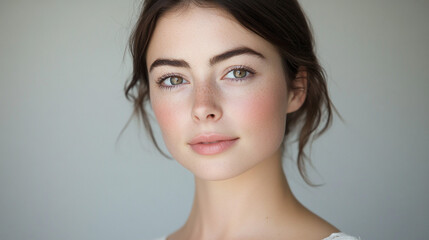 Fototapeta premium Beautiful Woman Portrait Freckles Clear Skin Natural Makeup Closeup Face Model Girl
