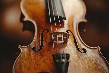 Close-up of a vintage violin, showcasing its rich wood grain and intricate details.
