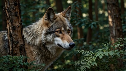 Realistic wolf peering through forest foliage.