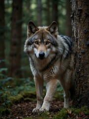 Realistic wolf prowling through the forest with a keen gaze.