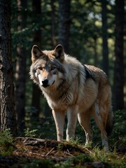 Obraz premium Realistic wolf prowling through the forest with a keen gaze.