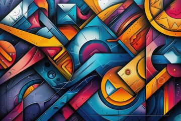 Abstract geometric composition with vibrant colors and dynamic shapes.